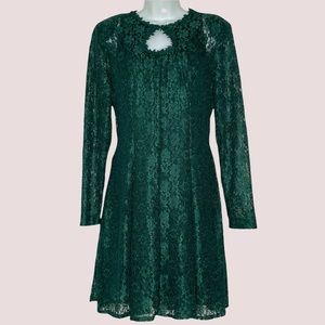Vintage Green Lace Skater Dress Keyhole Long-Sleeve‎ Tie-Back Bow Christmas